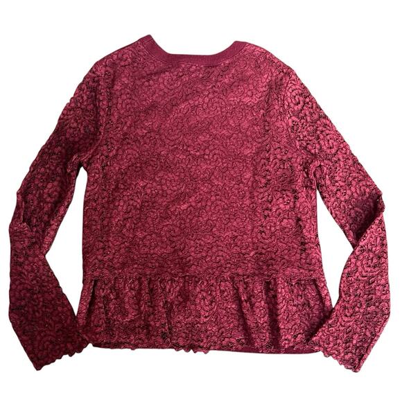 Tory Burch Maroon Dina Merino Wool Lace Sleeves Crew Neck Sweater L Peplum Back - Picture 2 of 11